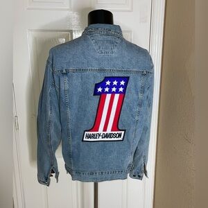 Harley Davidson Denim Jean Motorcycle Jacket Number One Patch Size Large‌